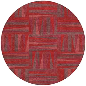 8' Red And Brown Round Geometric Washable Indoor Outdoor Area Rug