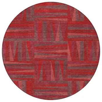 8' Red And Brown Round Geometric Washable Indoor Outdoor Area Rug