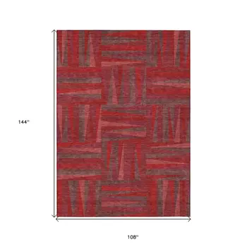 9' X 12' Red And Brown Geometric Washable Indoor Outdoor Area Rug