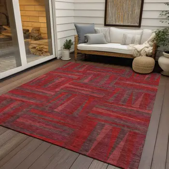 9' X 12' Red And Brown Geometric Washable Indoor Outdoor Area Rug