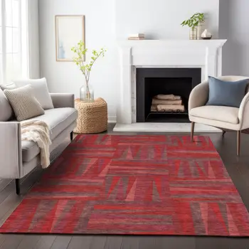 9' X 12' Red And Brown Geometric Washable Indoor Outdoor Area Rug