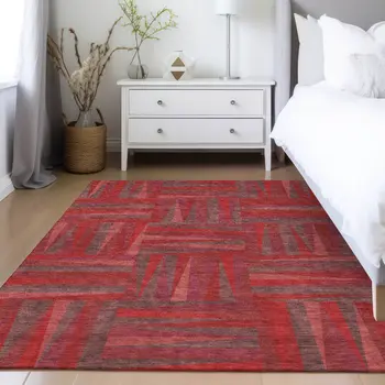9' X 12' Red And Brown Geometric Washable Indoor Outdoor Area Rug