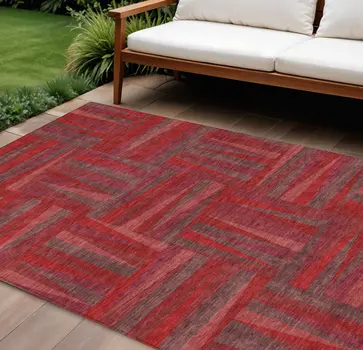 10' X 14' Red And Brown Geometric Washable Indoor Outdoor Area Rug