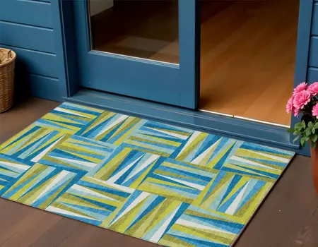 3' X 5' Teal Blue Green And Ivory Geometric Washable Indoor Outdoor Area Rug