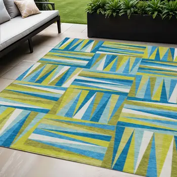 5' X 8' Teal Blue Green And Ivory Geometric Washable Indoor Outdoor Area Rug