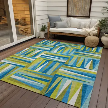 5' X 8' Teal Blue Green And Ivory Geometric Washable Indoor Outdoor Area Rug