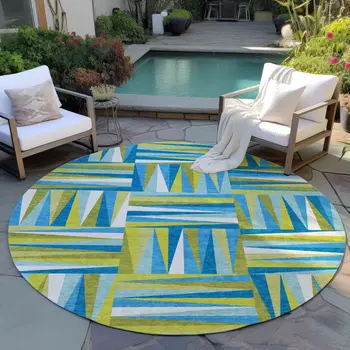 8' Teal Blue Green And Ivory Round Geometric Washable Indoor Outdoor Area Rug