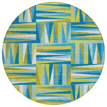 8' Teal Blue Green And Ivory Round Geometric Washable Indoor Outdoor Area Rug