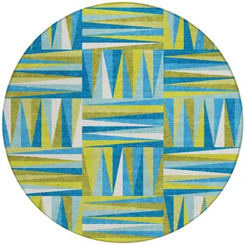 8' Teal Blue Green And Ivory Round Geometric Washable Indoor Outdoor Area Rug