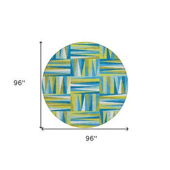 8' Teal Blue Green And Ivory Round Geometric Washable Indoor Outdoor Area Rug