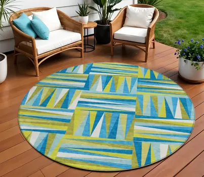 8' Teal Blue Green And Ivory Round Geometric Washable Indoor Outdoor Area Rug