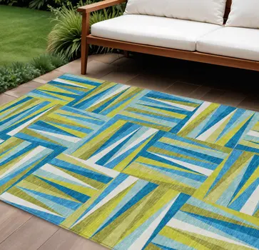 10' X 14' Teal Blue Green And Ivory Geometric Washable Indoor Outdoor Area Rug