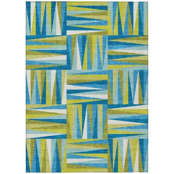 10' X 14' Teal Blue Green And Ivory Geometric Washable Indoor Outdoor Area Rug