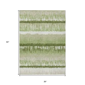 3' X 5' Artichoke Green Beige And Ivory Striped Washable Indoor Outdoor Area Rug