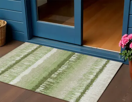3' X 5' Artichoke Green Beige And Ivory Striped Washable Indoor Outdoor Area Rug