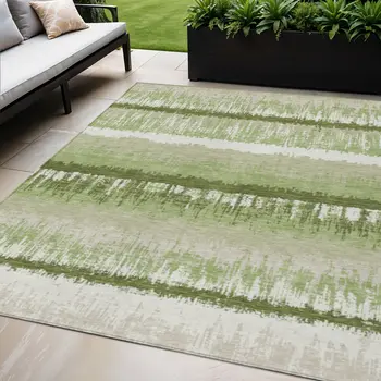 5' X 8' Artichoke Green Beige And Ivory Striped Washable Indoor Outdoor Area Rug