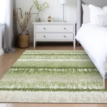 5' X 8' Artichoke Green Beige And Ivory Striped Washable Indoor Outdoor Area Rug