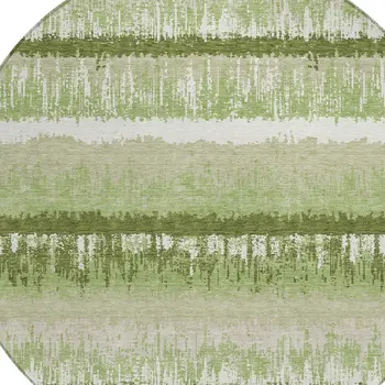 8' Artichoke Green Beige And Ivory Round Striped Washable Indoor Outdoor Area Rug