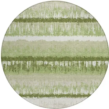 8' Artichoke Green Beige And Ivory Round Striped Washable Indoor Outdoor Area Rug