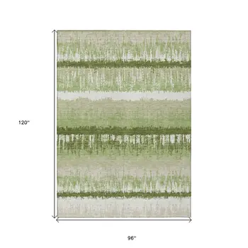 8' X 10' Artichoke Green Beige And Ivory Striped Washable Indoor Outdoor Area Rug