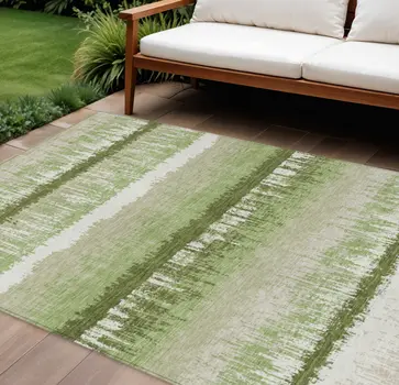 8' X 10' Artichoke Green Beige And Ivory Striped Washable Indoor Outdoor Area Rug