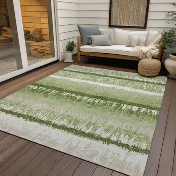 8' X 10' Artichoke Green Beige And Ivory Striped Washable Indoor Outdoor Area Rug