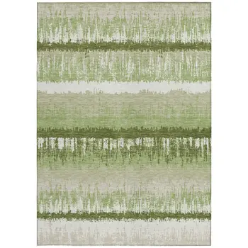 10' X 14' Artichoke Green Beige And Ivory Striped Washable Indoor Outdoor Area Rug