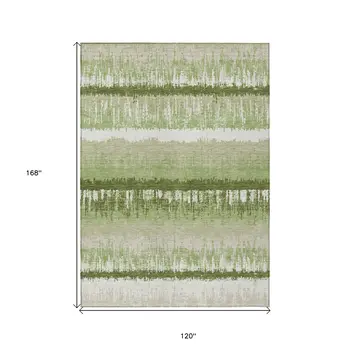 10' X 14' Artichoke Green Beige And Ivory Striped Washable Indoor Outdoor Area Rug