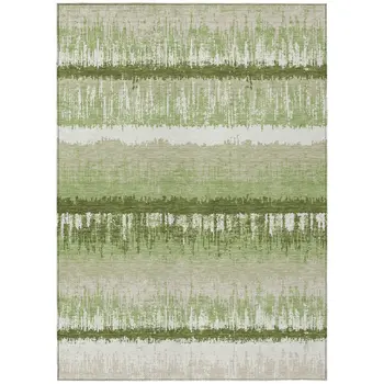 10' X 14' Artichoke Green Beige And Ivory Striped Washable Indoor Outdoor Area Rug