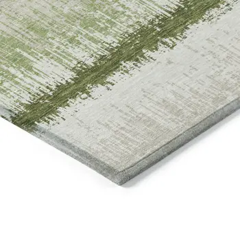 10' X 14' Artichoke Green Beige And Ivory Striped Washable Indoor Outdoor Area Rug