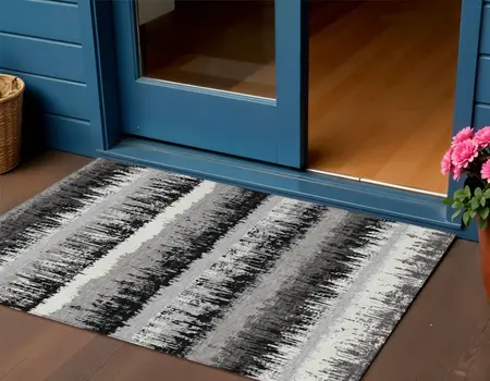 3' X 5' Black Gray And Ivory Striped Washable Indoor Outdoor Area Rug