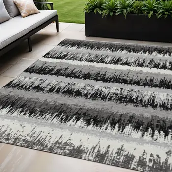 5' X 8' Black Gray And Ivory Striped Washable Indoor Outdoor Area Rug