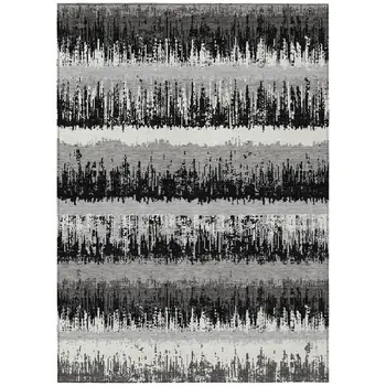 5' X 8' Black Gray And Ivory Striped Washable Indoor Outdoor Area Rug