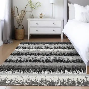 5' X 8' Black Gray And Ivory Striped Washable Indoor Outdoor Area Rug