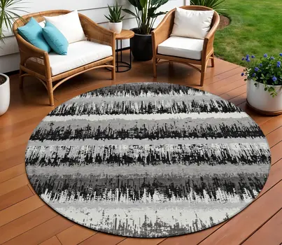 8' Black Gray And Ivory Round Striped Washable Indoor Outdoor Area Rug