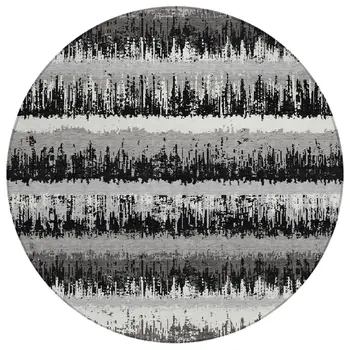 8' Black Gray And Ivory Round Striped Washable Indoor Outdoor Area Rug