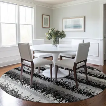8' Black Gray And Ivory Round Striped Washable Indoor Outdoor Area Rug