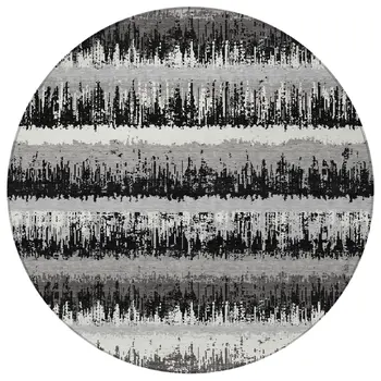 8' Black Gray And Ivory Round Striped Washable Indoor Outdoor Area Rug