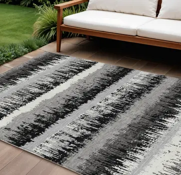 8' X 10' Black Gray And Ivory Striped Washable Indoor Outdoor Area Rug