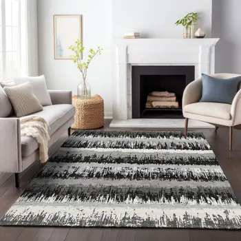 9' X 12' Black Gray And Ivory Striped Washable Indoor Outdoor Area Rug