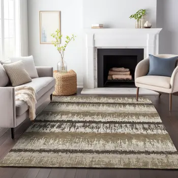 3' X 5' Brown Beige And Ivory Striped Washable Indoor Outdoor Area Rug