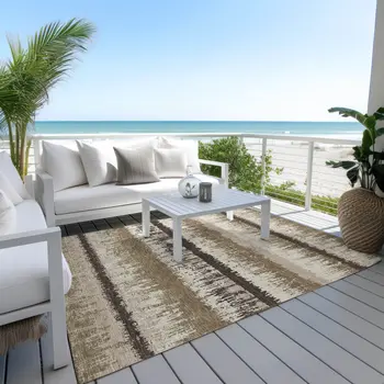 3' X 5' Brown Beige And Ivory Striped Washable Indoor Outdoor Area Rug