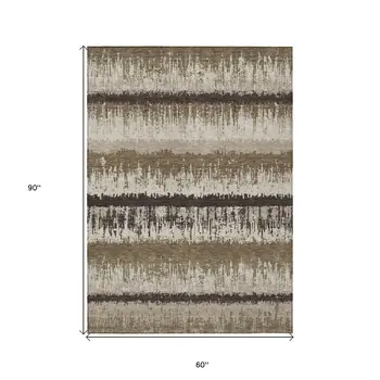 5' X 8' Brown Beige And Ivory Striped Washable Indoor Outdoor Area Rug