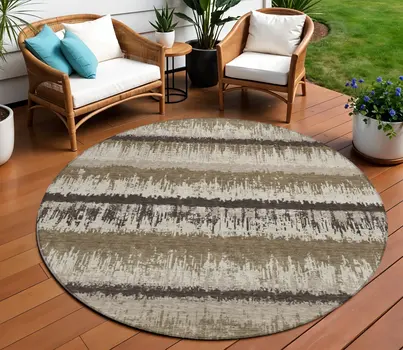 8' Brown Beige And Ivory Round Striped Washable Indoor Outdoor Area Rug