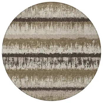 8' Brown Beige And Ivory Round Striped Washable Indoor Outdoor Area Rug
