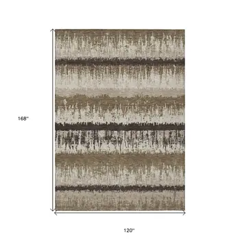 10' X 14' Brown Beige And Ivory Striped Washable Indoor Outdoor Area Rug