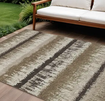 10' X 14' Brown Beige And Ivory Striped Washable Indoor Outdoor Area Rug