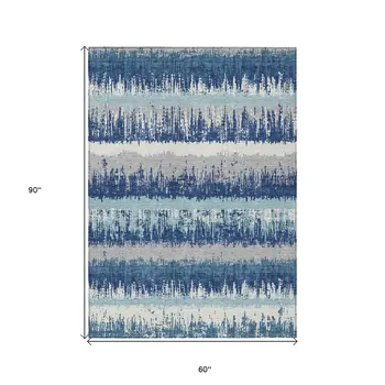 5' X 8' Blue Gray And Ivory Striped Washable Indoor Outdoor Area Rug