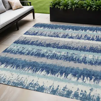 5' X 8' Blue Gray And Ivory Striped Washable Indoor Outdoor Area Rug
