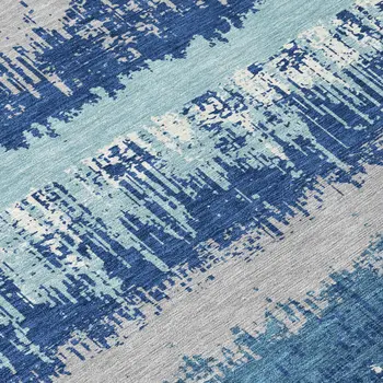 8' Blue Gray And Ivory Round Striped Washable Indoor Outdoor Area Rug